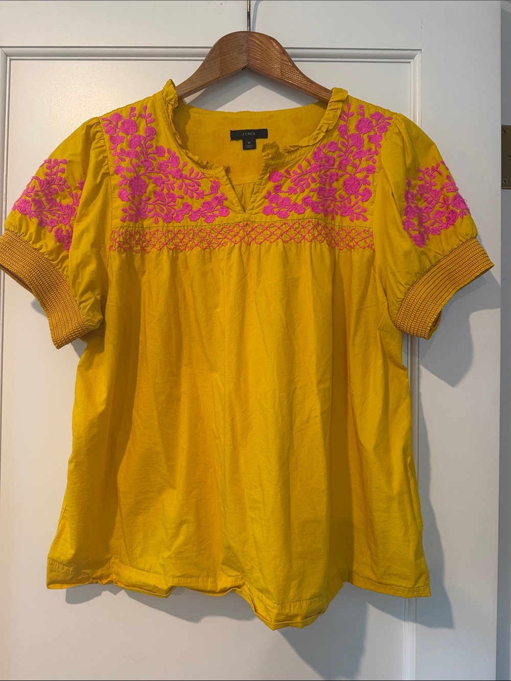 J. Crew Yellow Short-Sleeve Embroidered Blouse Sz Med